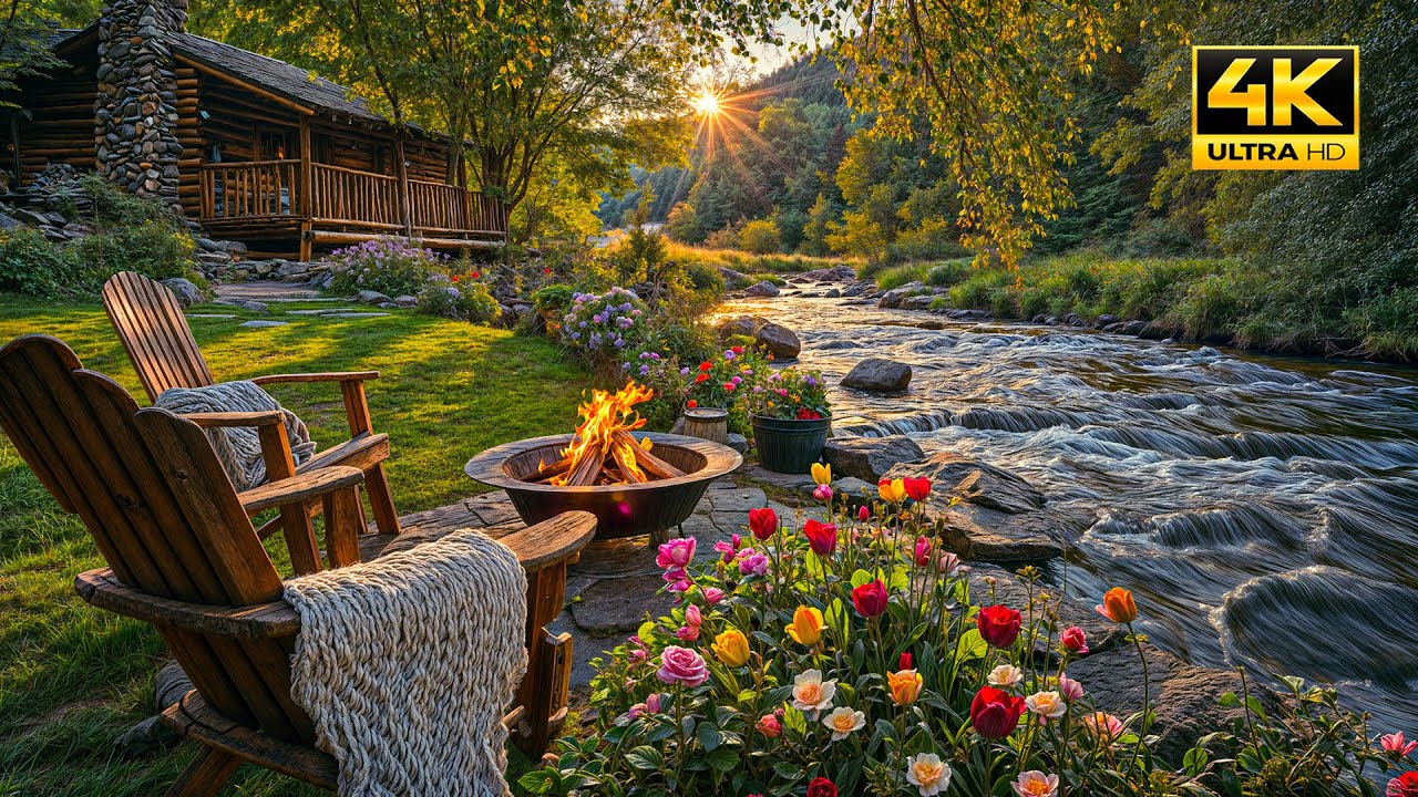 Spring Riverside Relaxation in Forest: Cozy Crackling Fire Pit with Soothing Nature Sounds, Birdsong