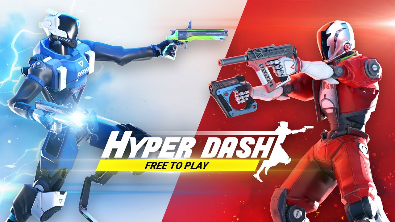 Hyper Dash key art showing blue and red robotic players holding pistols, with the Free to Play banner