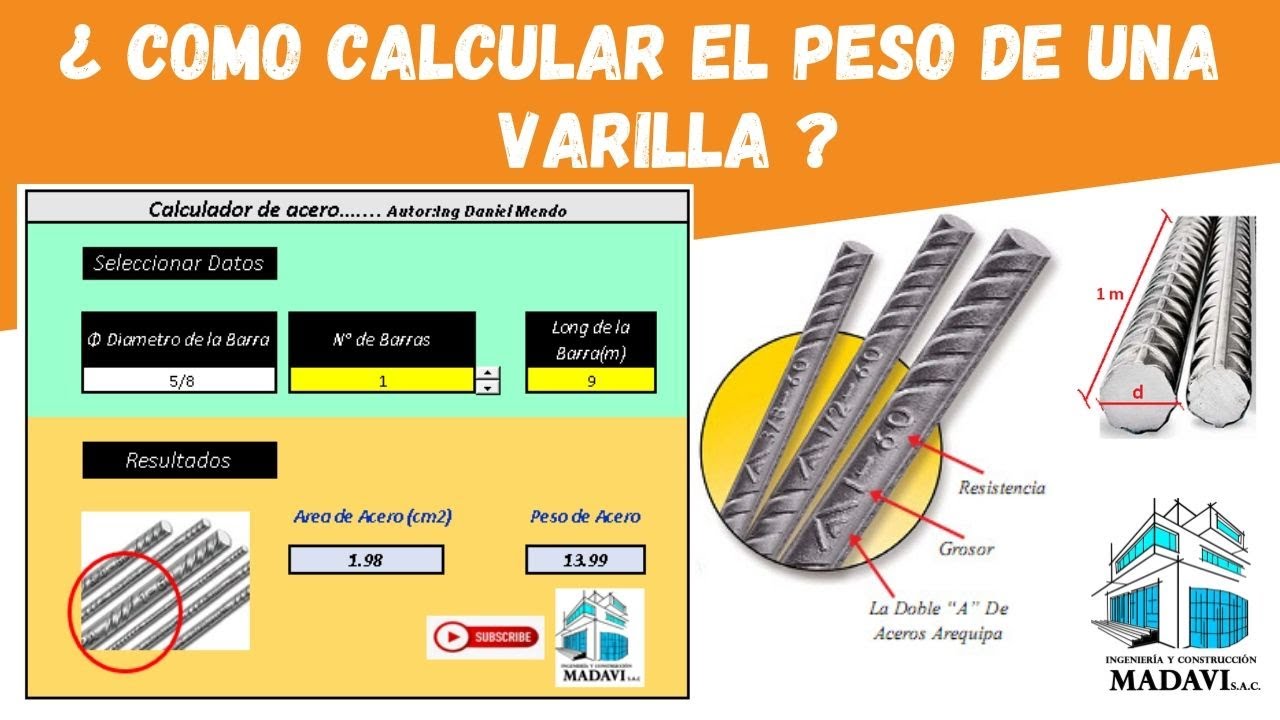 CALCULO DEL PESO DE UNA VARILLA CORRUGADA POR METRO LINEAL+Programa en Excel 📥(2020)