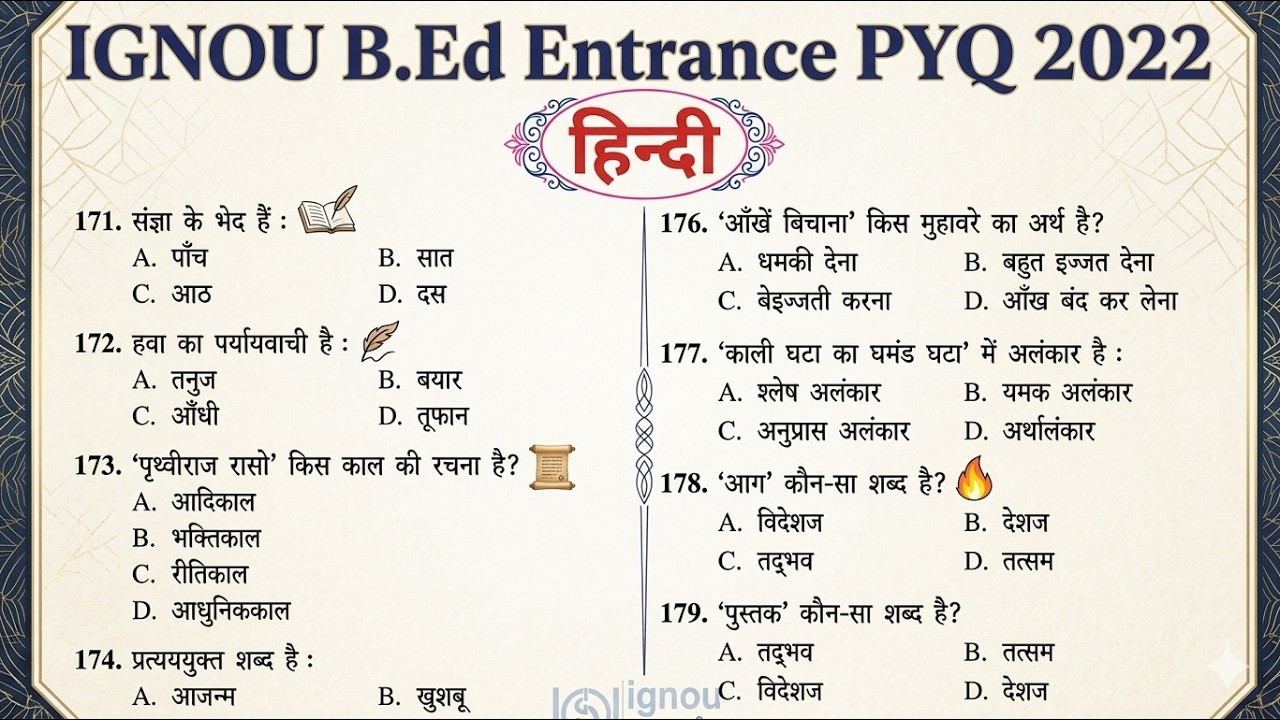 IGNOU B.Ed Entrance Previous Year Question Paper 2022 | Part B | Hindi MCQs