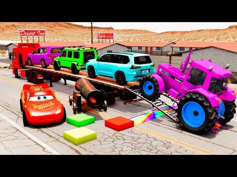 Flatbed Truck McQueen | Transportation with Truck - Pothole vs Car #81 | BeamNG.Drive Gameplay