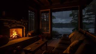 Soothing Rain at Night | Warm Cabin Fireplace by the Water for Stress Relief (No Ads)