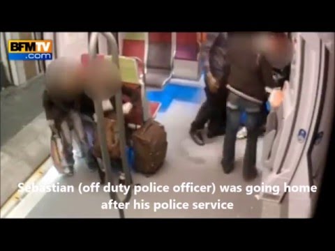 Policeman shot with his own gun by youths in a Paris train (REAL FOOTAGE)