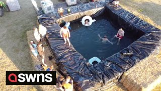 Students make DIY swimming pool using hay bales to