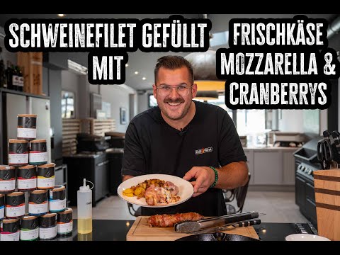 Schweinefilet gefüllt mit Frischkäse, Mozzarella & Cranberrys mit Bacon dazu frische Bratkartoffeln
