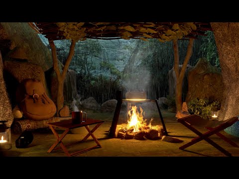Spend a Night in a Rainy Forest Cave 8 Hours- | crackling fire & rain sounds