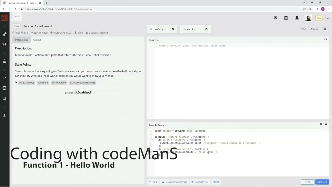 (Archived) Codewars 8 kyu Function 1 - Hello World JavaScript