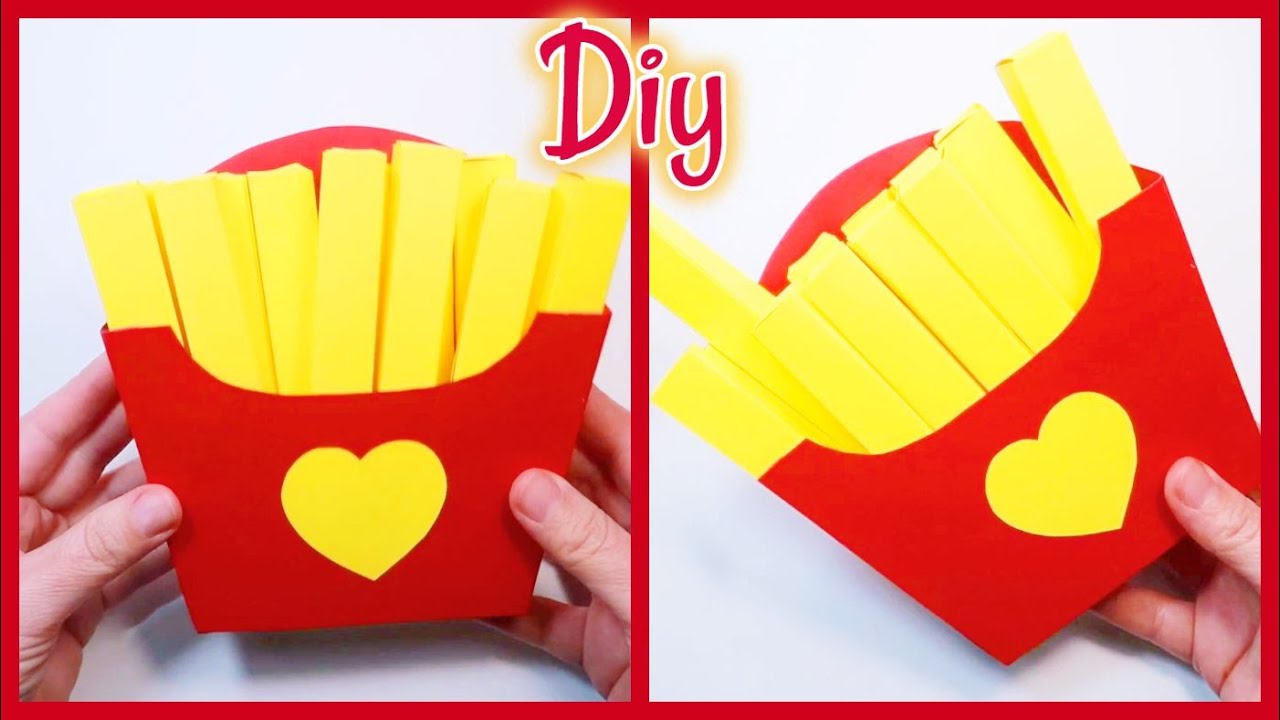 Diy Caja para regalar en forma de patatas fritas, de cartulina, idea regalo día de la madre, padre