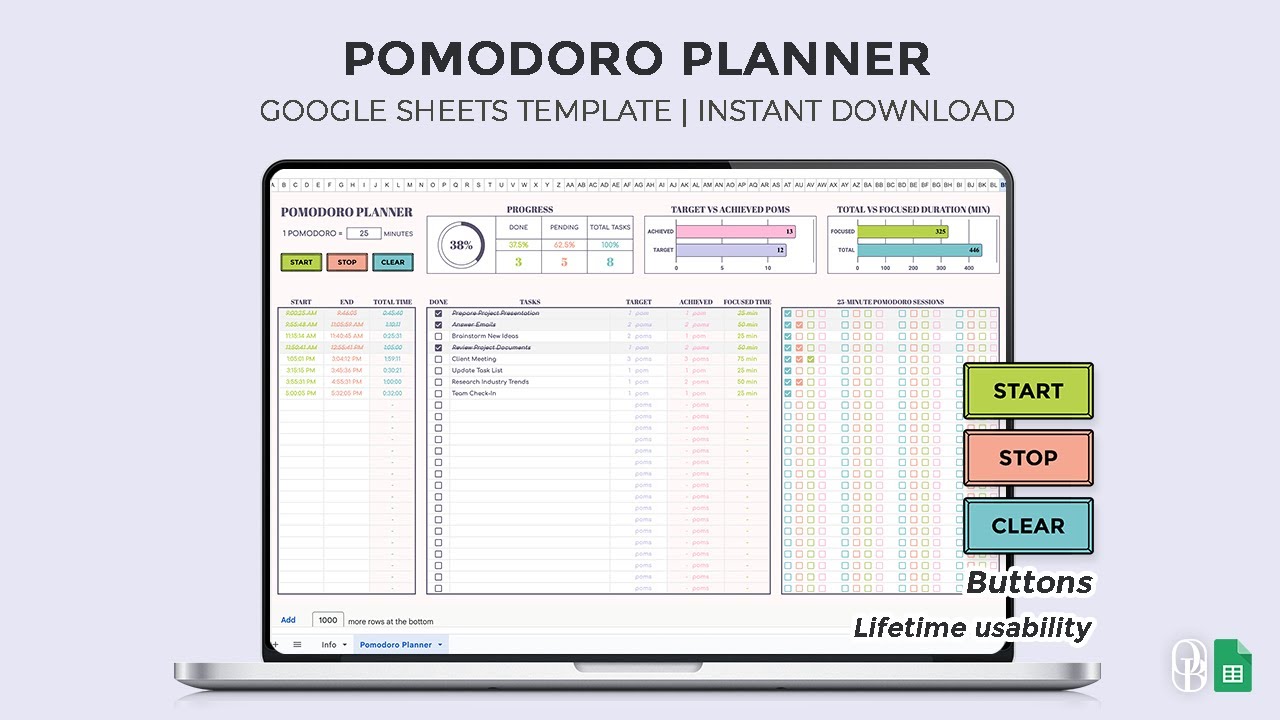 Pomodoro Planner - Time Management - Productivity Planner - Study Sessions - Google Sheets Template