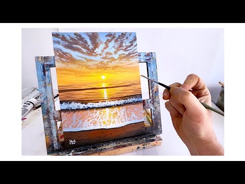 Sunset beach acrylic painting tutorial for beginners/intermediate - Easy Sunset beach painting