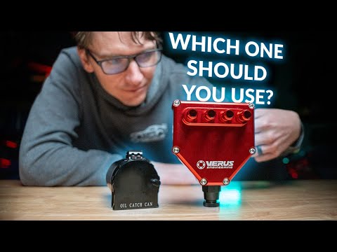 Part of a video titled RJ explains the difference between Air Oil Separators vs Catch Cans