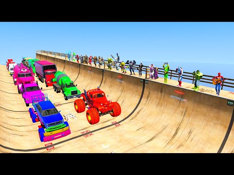 SPIDERMAN Trucks Mega Ramp JUMP Challenge ! SUPERHERO HULK IronMan Trevor and Friends Stunt - GTA V