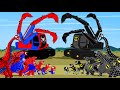 SPIDER BRACHIOSAURUS vs BATMAN T-REX, TRICERATOPS, Excavator, Truck: Lost In Dinosaur Jurassic World