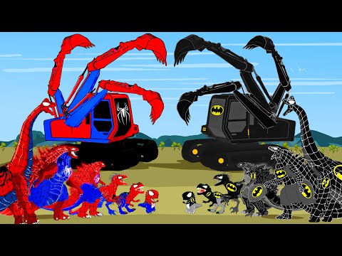 SPIDER BRACHIOSAURUS vs BATMAN T-REX, TRICERATOPS, Excavator, Truck: Lost In Dinosaur Jurassic World