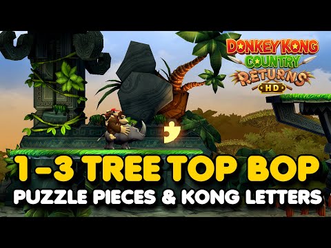 Donkey Kong Country Returns HD - Tree Top Bop 1-3 (All Puzzle Pieces & KONG Letters)