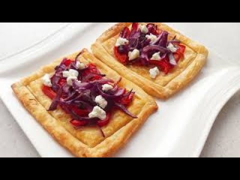 Roasted pepper & goat's cheese tart with caramelised onion (puff pastry)
