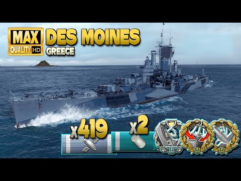 Cruiser Des Moines in thunderstorm on map Greece - World of Warships