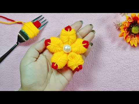 Amazing Woolen Flower Making Ideas with Fork - Hand Embroidery Easy Trick - DIY Woolen Flowers