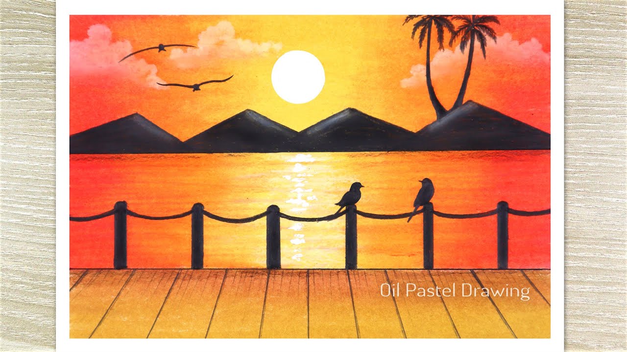 How to draw a Sunset scenery with oil pastel, Sunset drawing