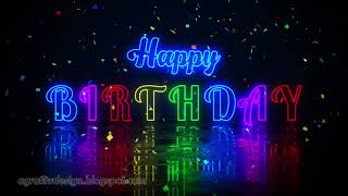 Colorful Happy Birthday Lettering Neon Sign With Floor Reflection And Brick Wall In The Falling Confetti