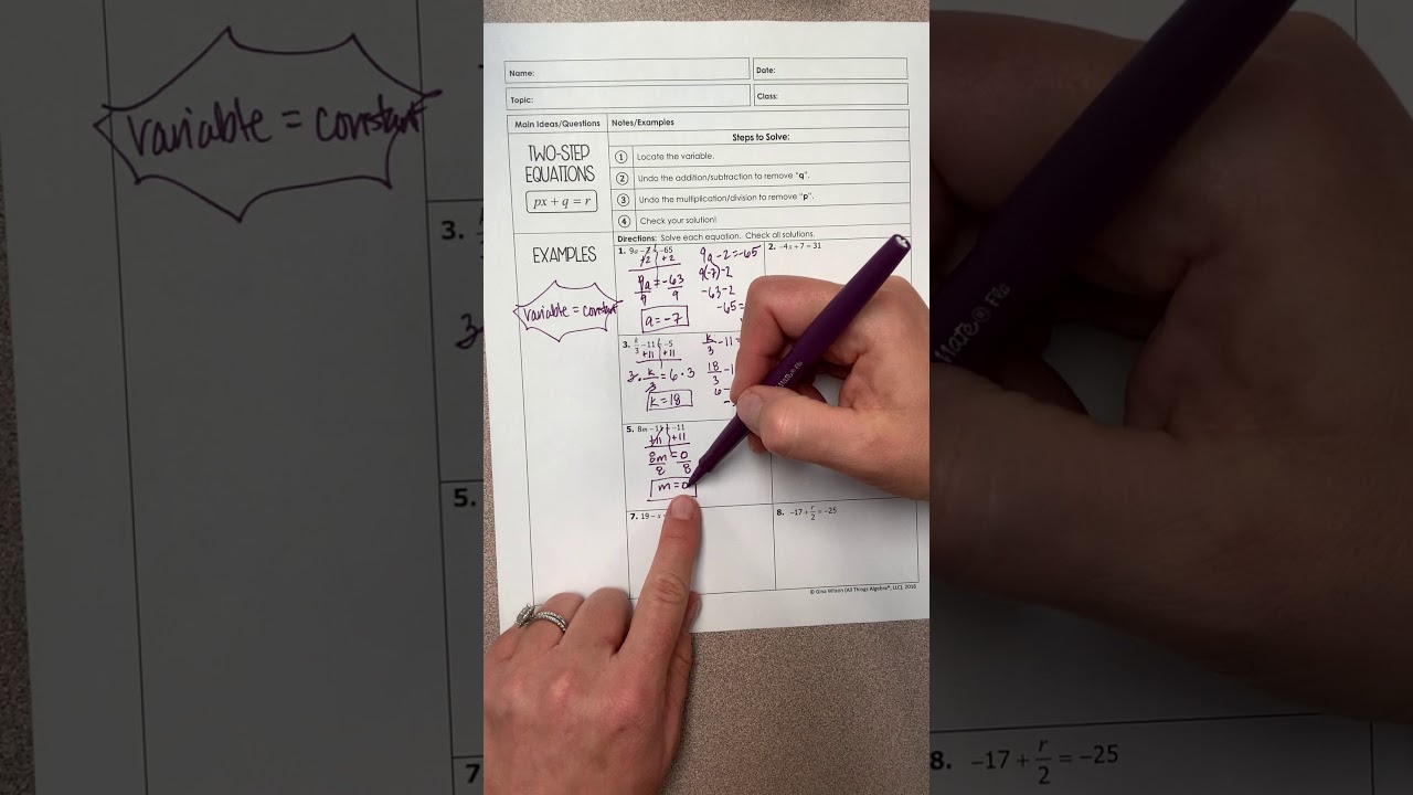 Pre-algebra unit 3; two step equations