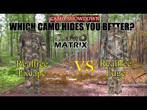 Compare Realtree Excape VS Realtree Edge with simulated deer vision on 14 Backgrounds.