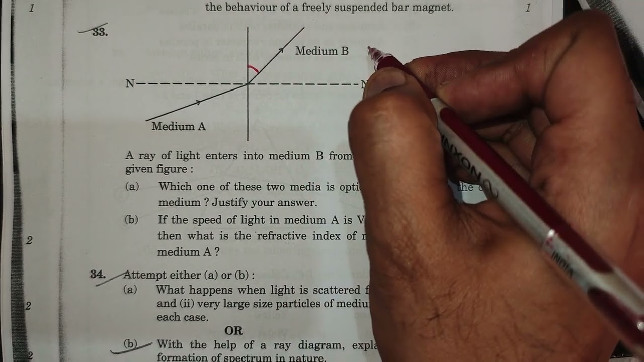 A Ray of light enters into medium B from medium A as shown in the given: which one of these two med