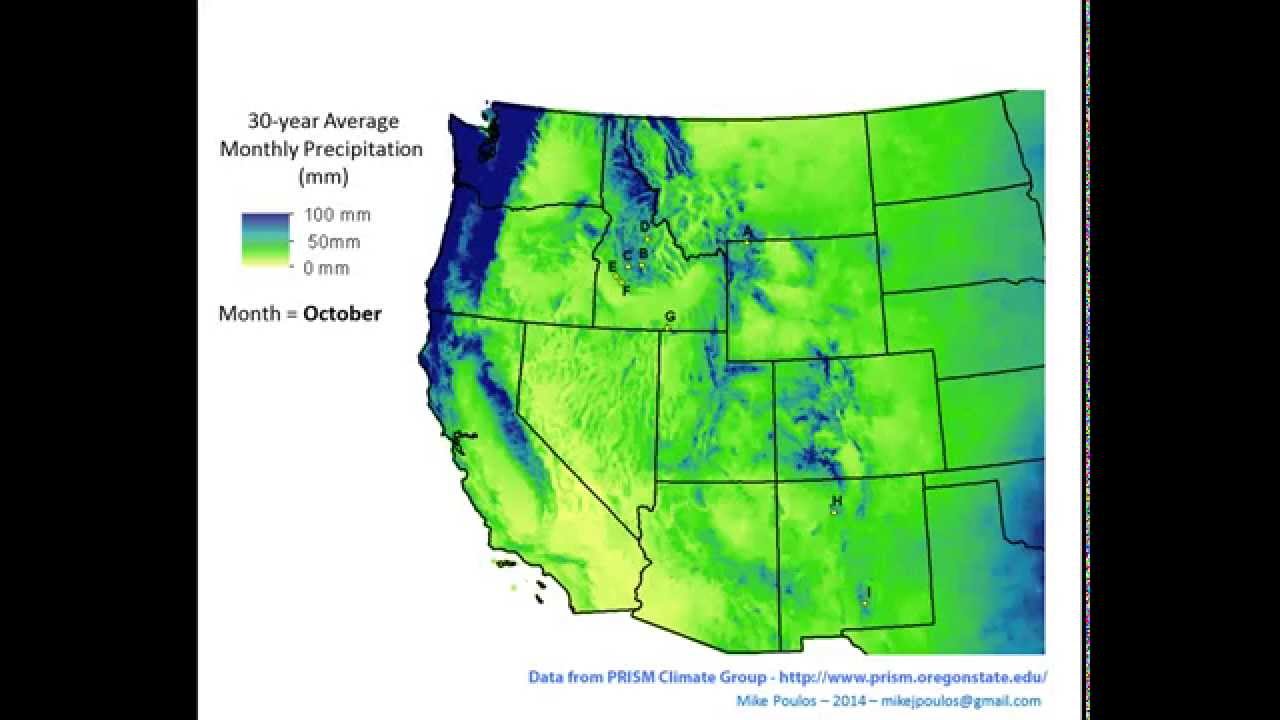 PRISM climate data average monthly precipitation animation