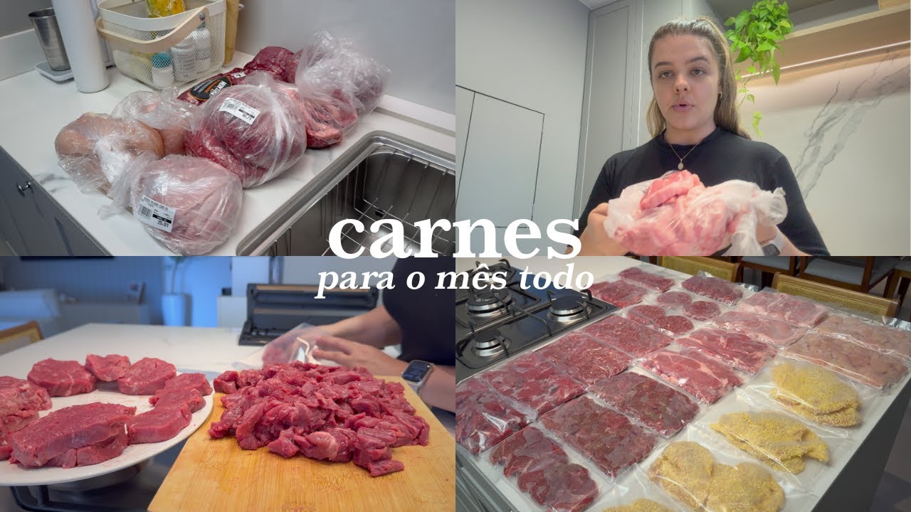 Organizando as carnes para mês, limpando, cortando e embalando tudo para congelar.