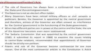 CLASS XI /POLITICAL SCIENCE/ CHAPTER 7/ FEDERALISM/ ROLE OF GOVERNORS AND PRESIDENT'S RULE