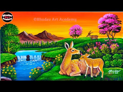 How To Draw Deer Mother And Baby With Beautiful Mountain Scenery|Deer Drawing With Watercolor