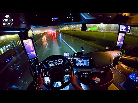 Night 4K POV ASMR driving on wet roads in rainy weather in a truck at the beginning of winter