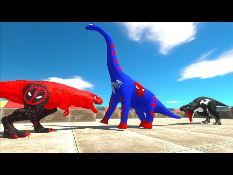 DEADPOOL T-REX vs 2X BATMAN T-REX vs SPIDERMAN BRACHIOSAURUS -   Animal Revolt Battle Simulator