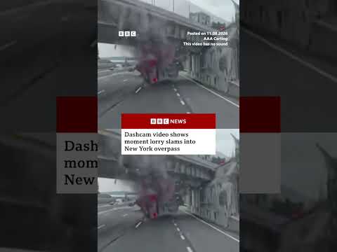 Dashcam video shows moment lorry slams into New York overpass. #NewYork #Dashcam #BBCNews