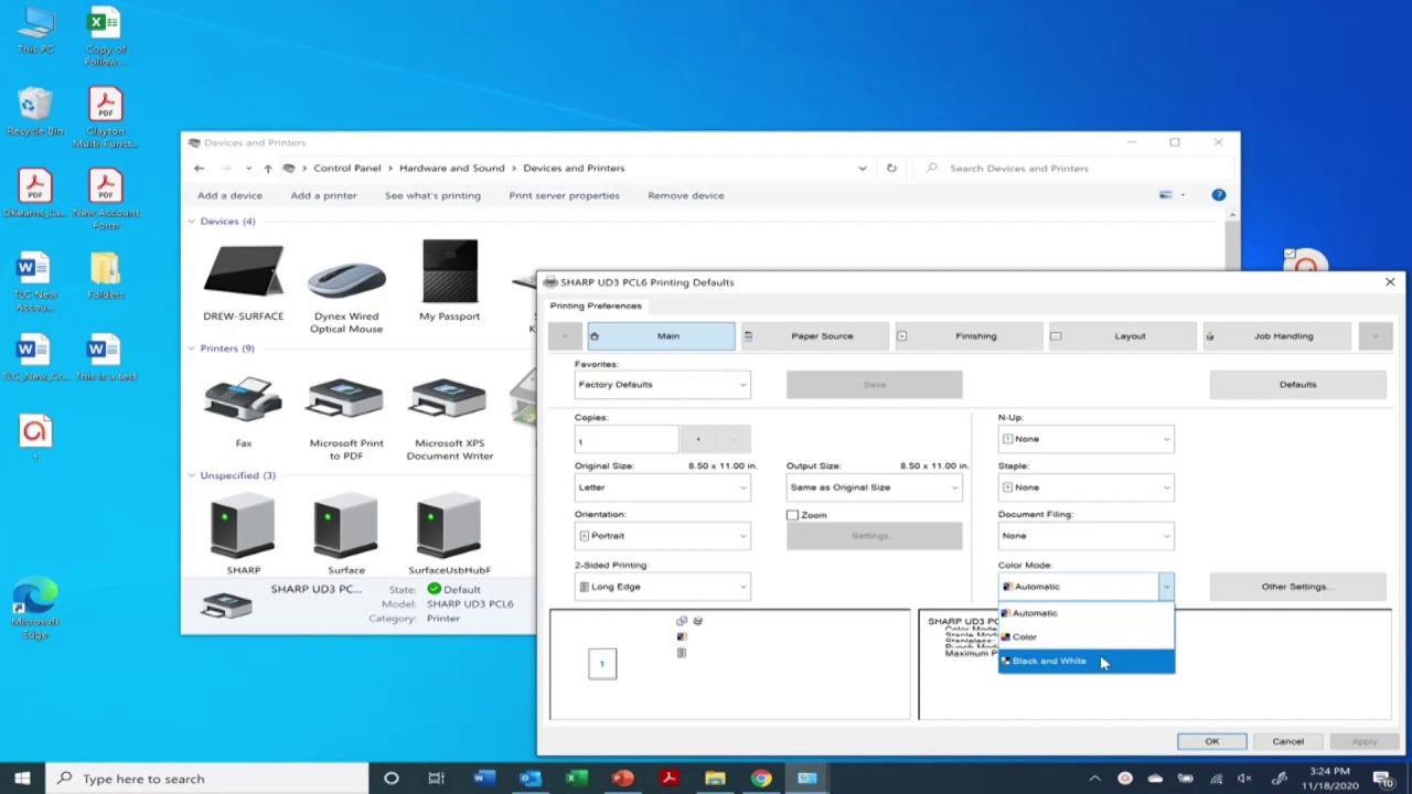 Sharp MFP default to Black/White print
