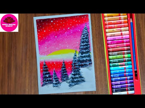 Winter Snowfall Scenery Easy Drawing for Beginners with Oil Pastels-Step by Step