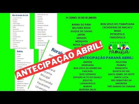 BOLSA FAMÍLIA SAIU A LISTA DAS CIDADES QUE TERÃO OS PAGAMENTOS ANTECIPADOS ABRIL DO NIS 1 AO 0.