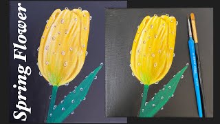 Yellow Tulip Acrylic Painting with Droplets | Spring Flower Painting