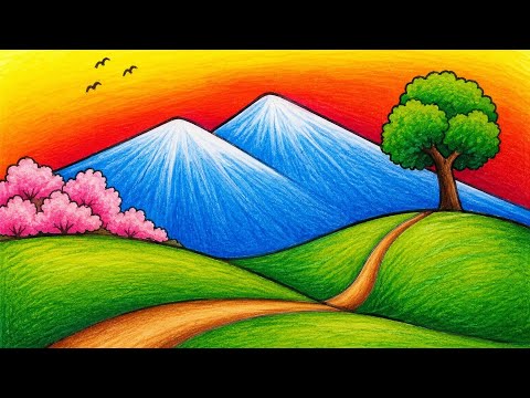 Drawing Easy Mountain Scenery | How To Draw Easy Scenery With Oil Pastel