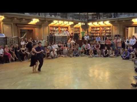  Vanessa Fatauros  and  Damian Rosenthal  are  dancing  to  "  Por la cuesta arriba  "  by  Miguel Caló  at  El Sabor de Hungría Tango Festival  in  2016