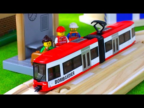 Train video: tram, trains, trucks, cars, fire truck, tow truck, toy vehicles