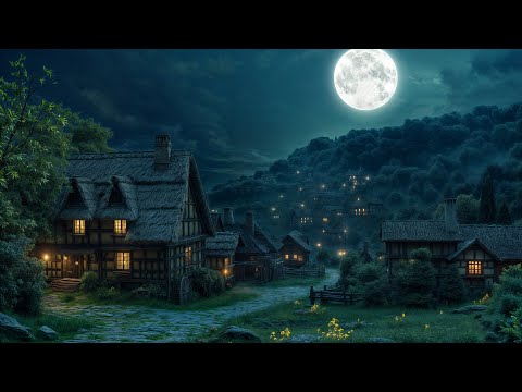 Peaceful Village Medieval Ambience with Relaxing Night Village Sounds, Crickets, Owl Sounds, Winds🌛