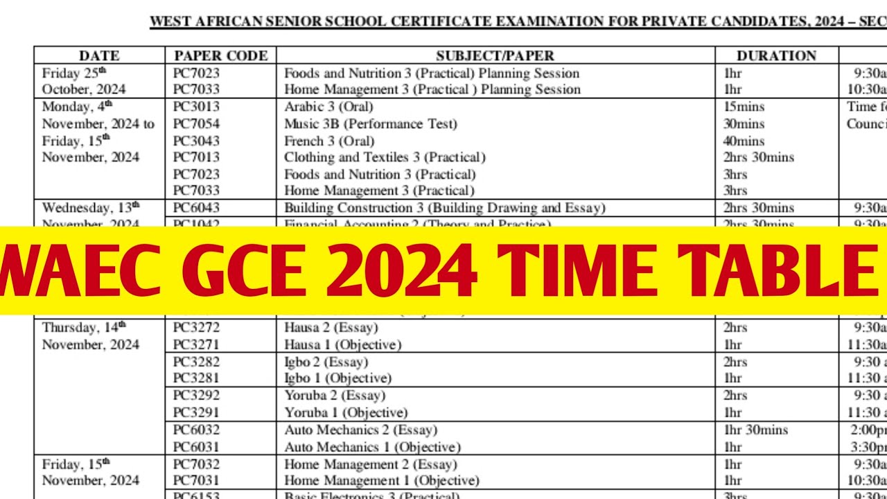 WAEC GCE 2024 Time Table ( Nov/Dec WASSCE GCE)