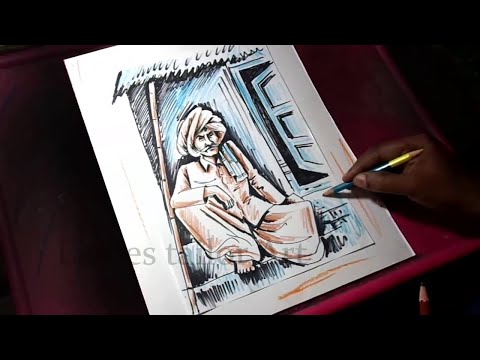 How to Draw Village Farmer Sitting on front of House Drawing Step by step