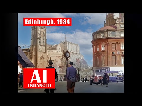 Edinburgh City, 1934. AI Enhanced. BW. Restored, Tone Balanced, Sharpened and Upscaled to 1080 HD