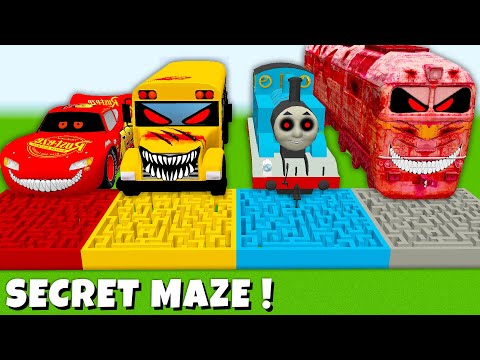SECRET MAZE LIGHTNING MCQUEEN vs SCHOOL BUS EXE vs THOMAS EXE vs SCARY METRO TRAIN in Minecraft