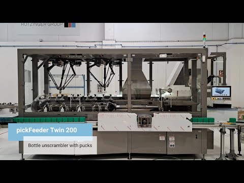 Robotic bottle unscrambler with pucks for cosmetics  - pickFeeder PFTW200