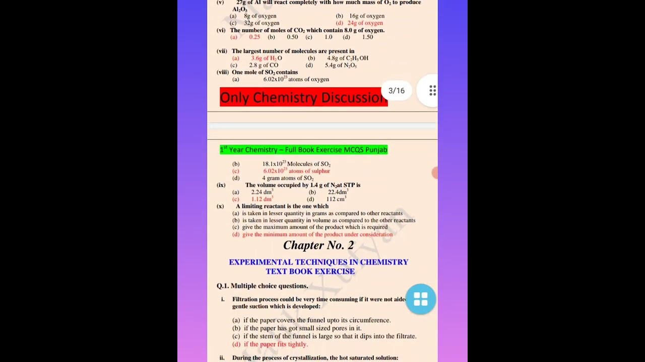 PTB Chem 1st Basic concept + Exp         Tech : Exercise Mcqs solved for nmdcat 2022.