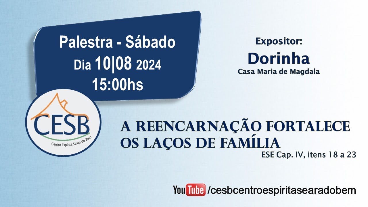 Palestra 10/08/2024 Tema A reencarnação fortalece os laços de família ESE Cap. IV, itens 18 a 23