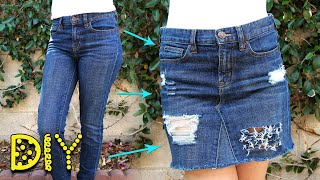DIY Distressed Denim Skirt from JEANS - NO SEW || Lucykiins